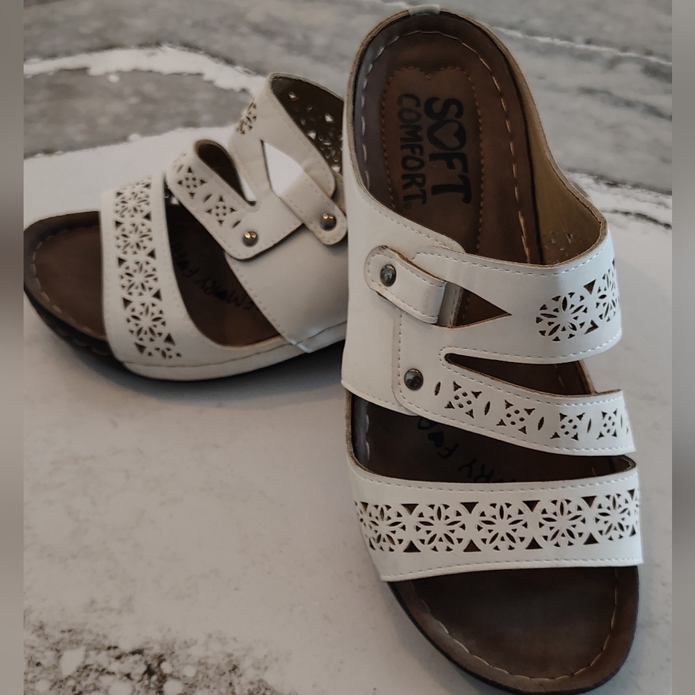 Women's White Laser-Cut Slide Sandals